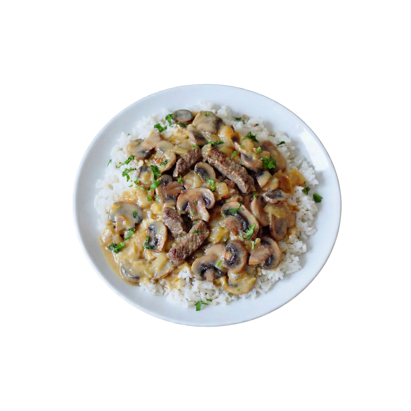 Beef Stroganoff with mushrooms and rice