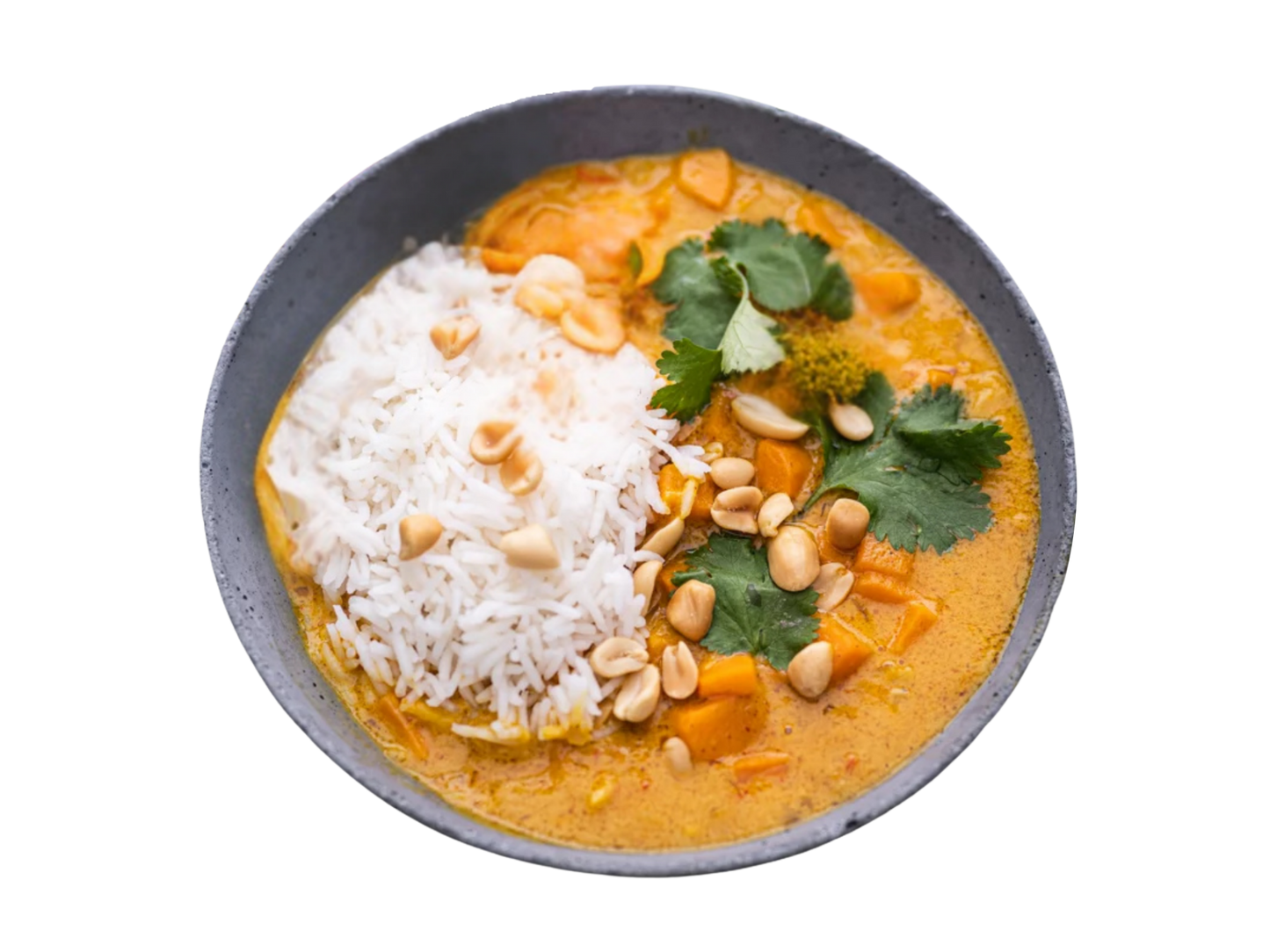 Peanut curry with baked sweet potatoes, sprouts, spring onions and rice