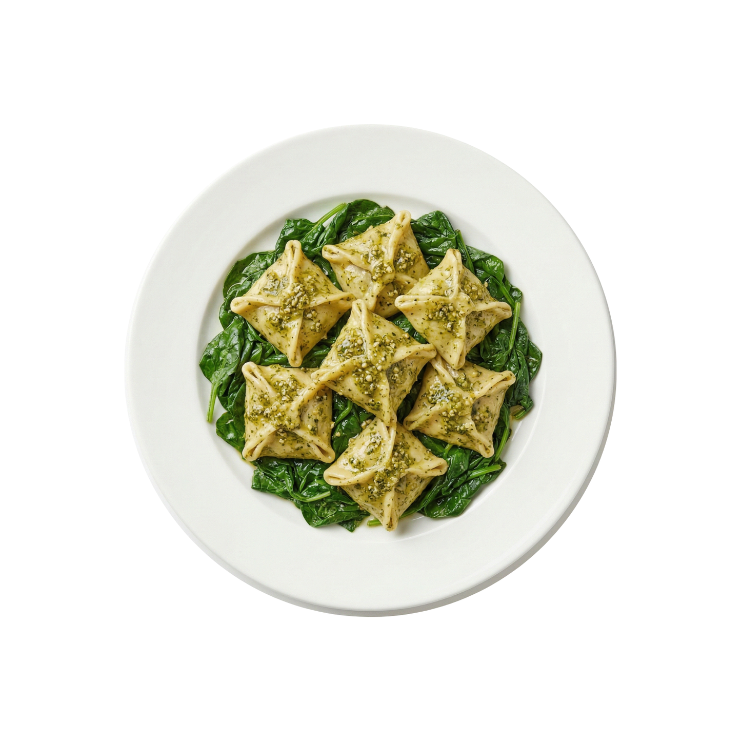 Fagottini mit Tomatenfüllung, Spinat in Pestosauce