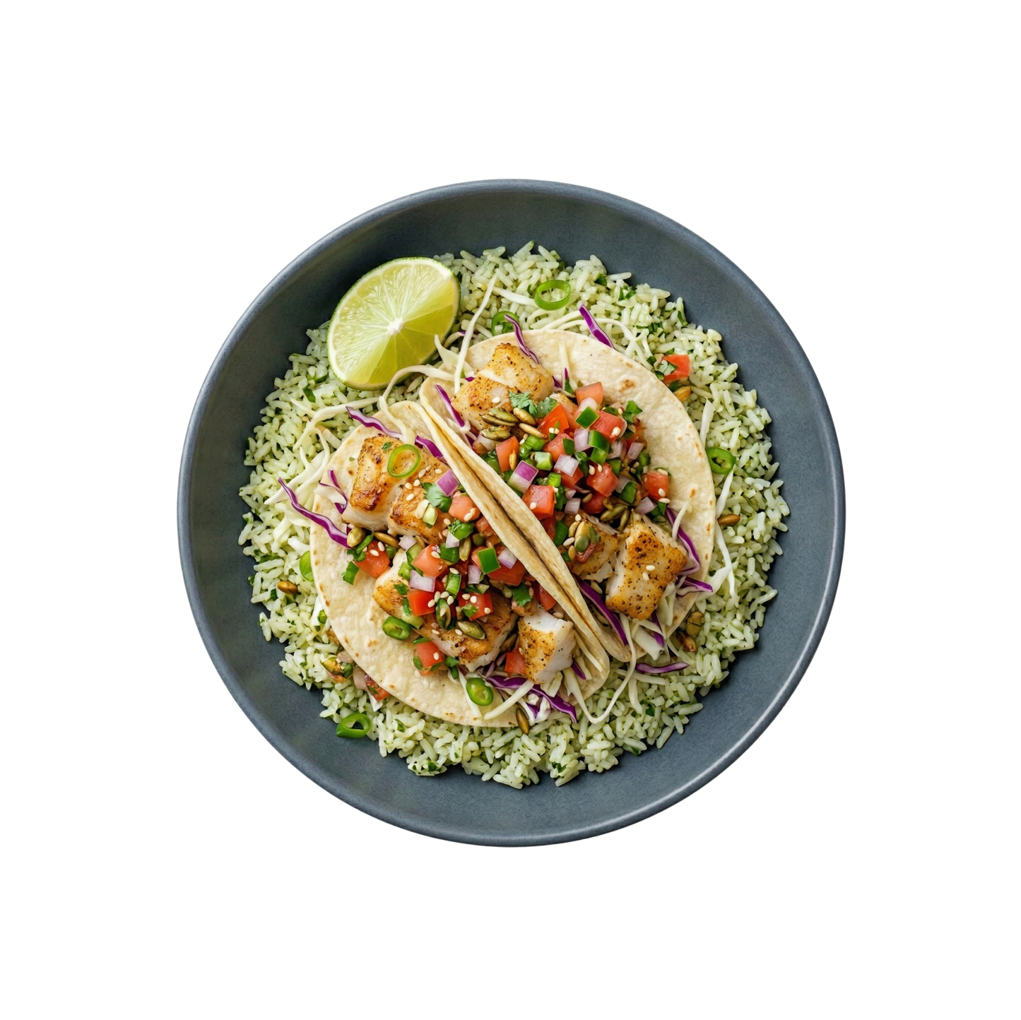 Fischtacos mit Kraut, Salsa und Limettenreis