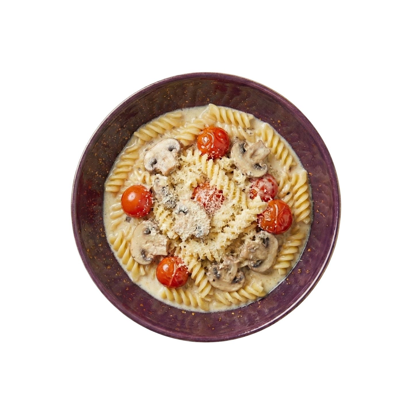 Fusilli in creamed mushrooms with cherry tomatoes and Parmesan cheese