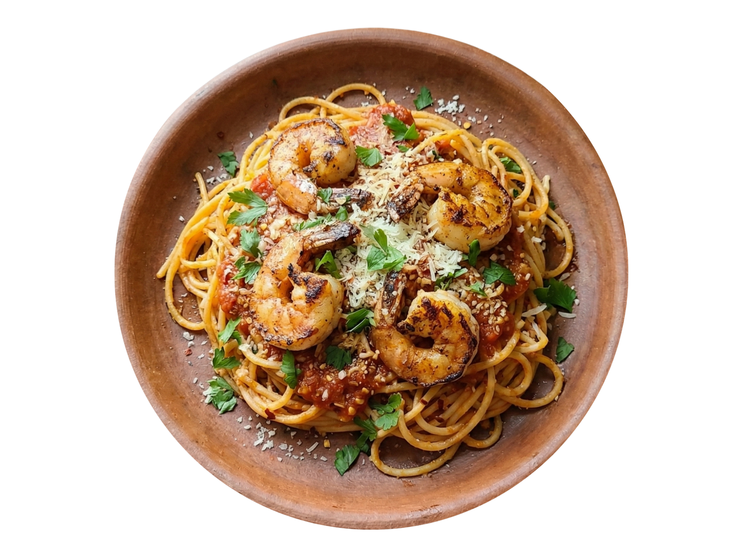 Prawns on spaghetti in a spicy arrabbiata sauce