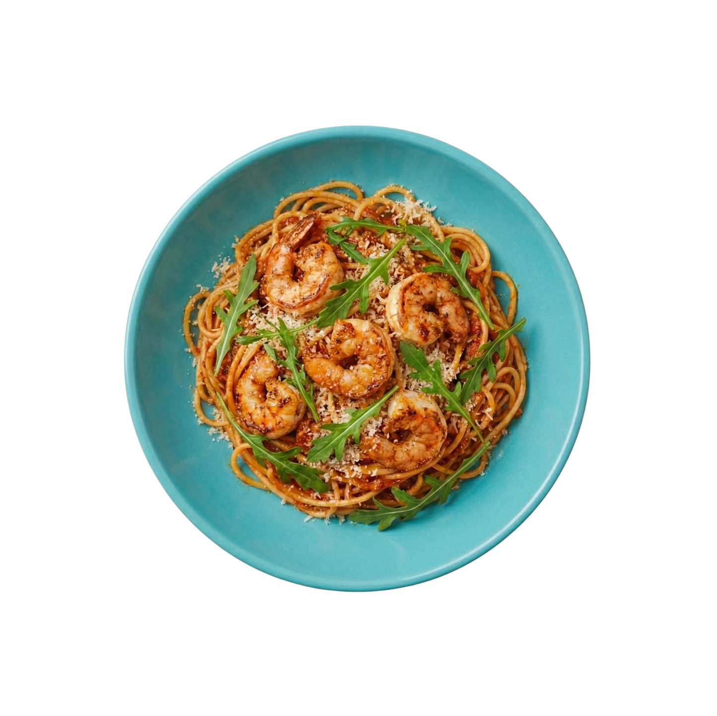 Prawns with spaghetti in a bell pepper pesto sauce and Parmesan cheese