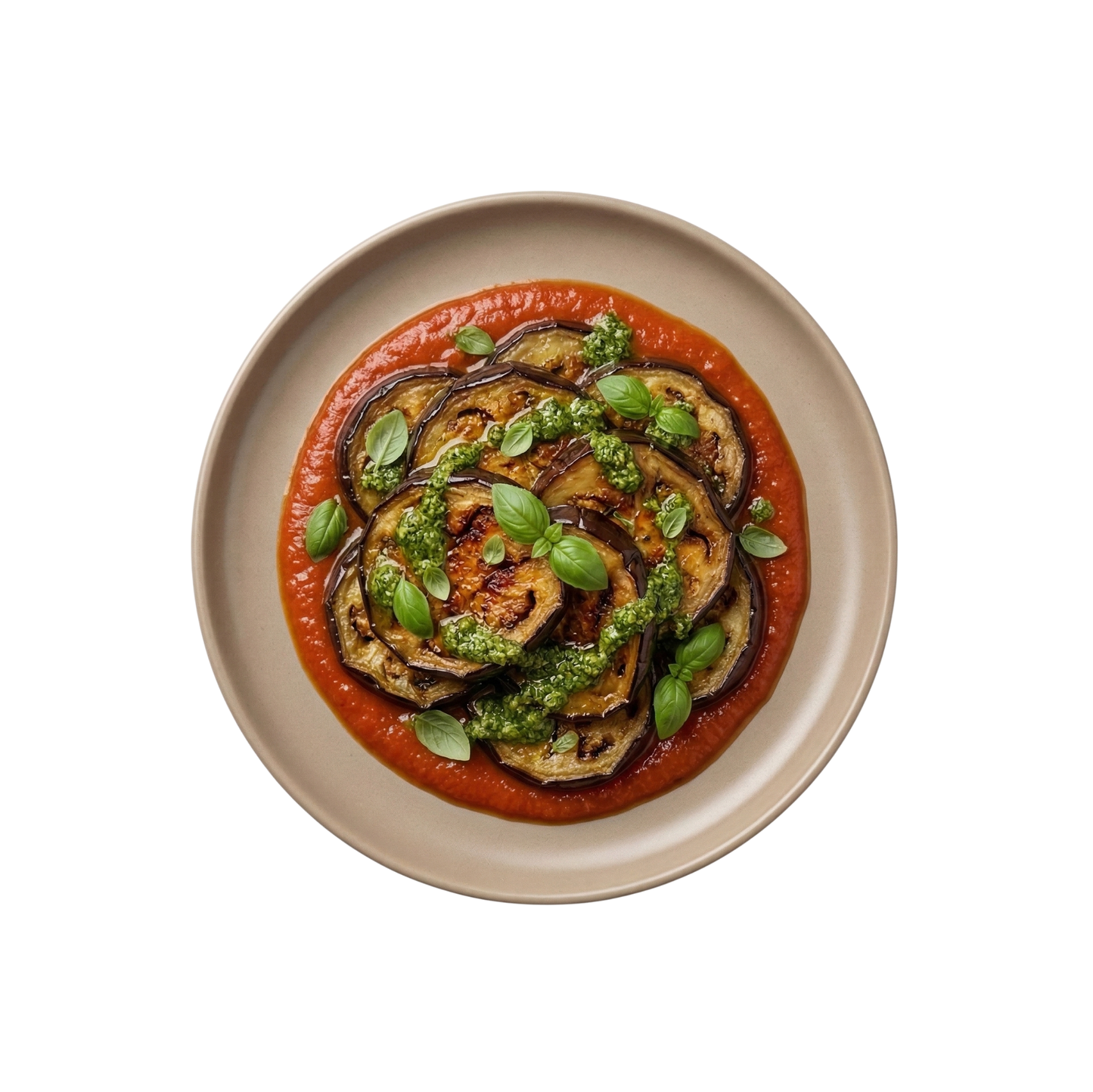 Geschmorte Aubergine auf Tomatenpüree mit Pesto