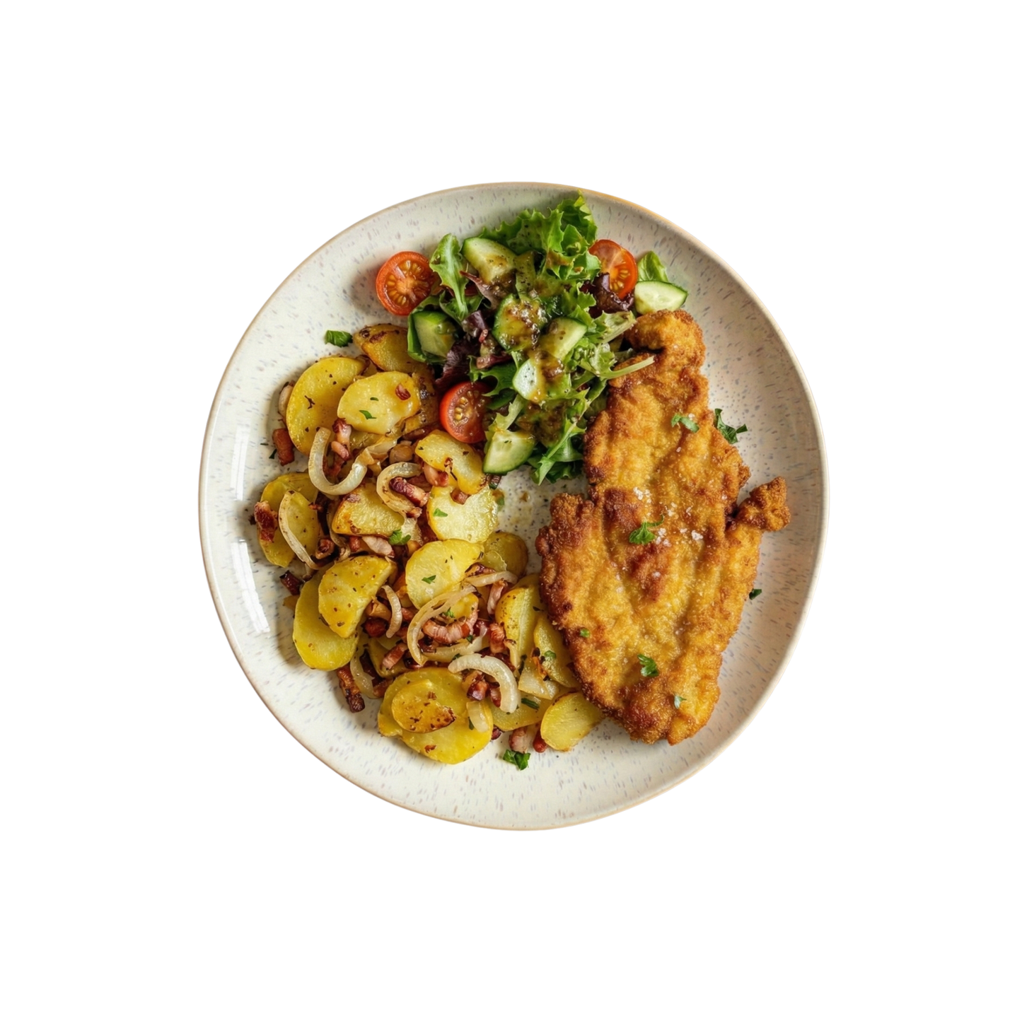 Chicken schnitzel with fried potatoes and salad