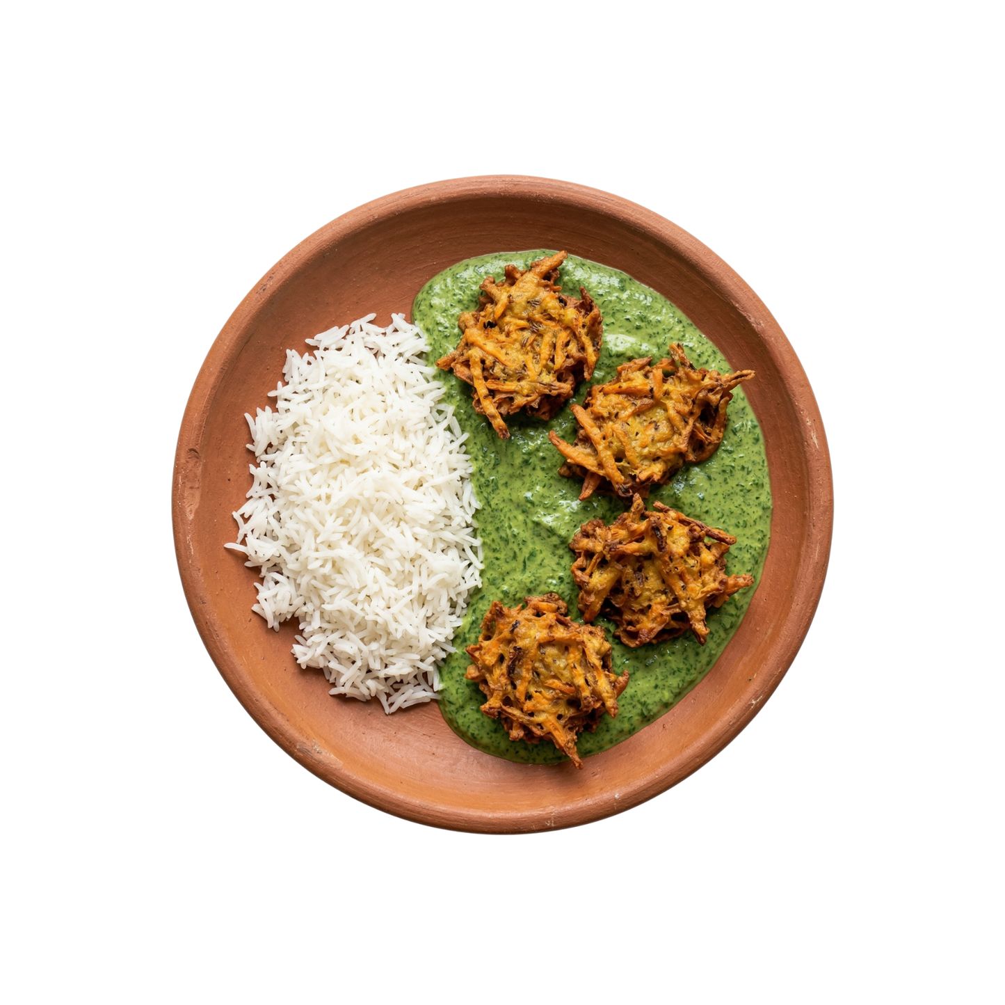 Karotten Pakoras auf Spinat-Limetten-Sauce und Reis