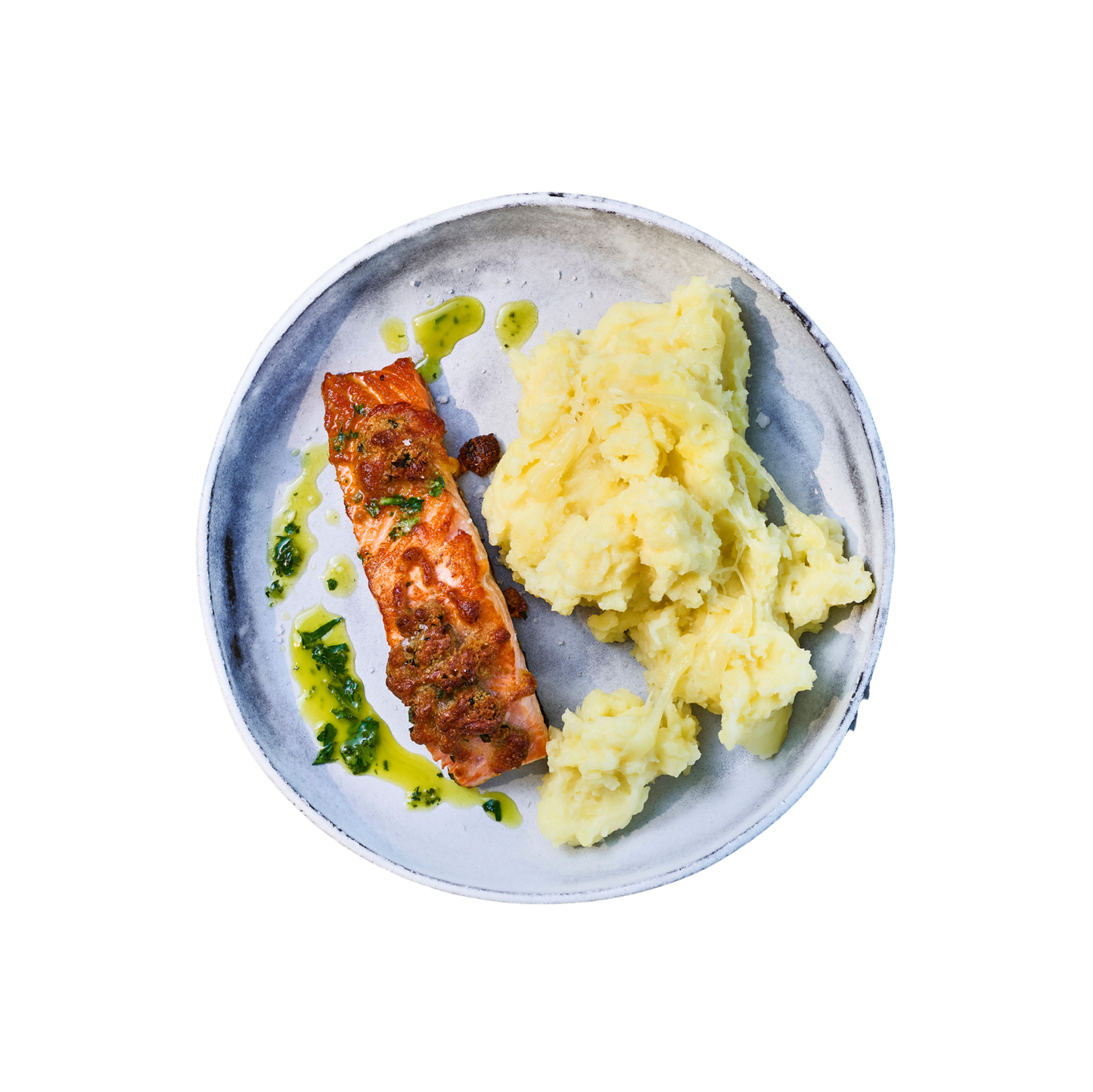 Lachsfilet auf Kartoffelpüree mit Kräutersauce
