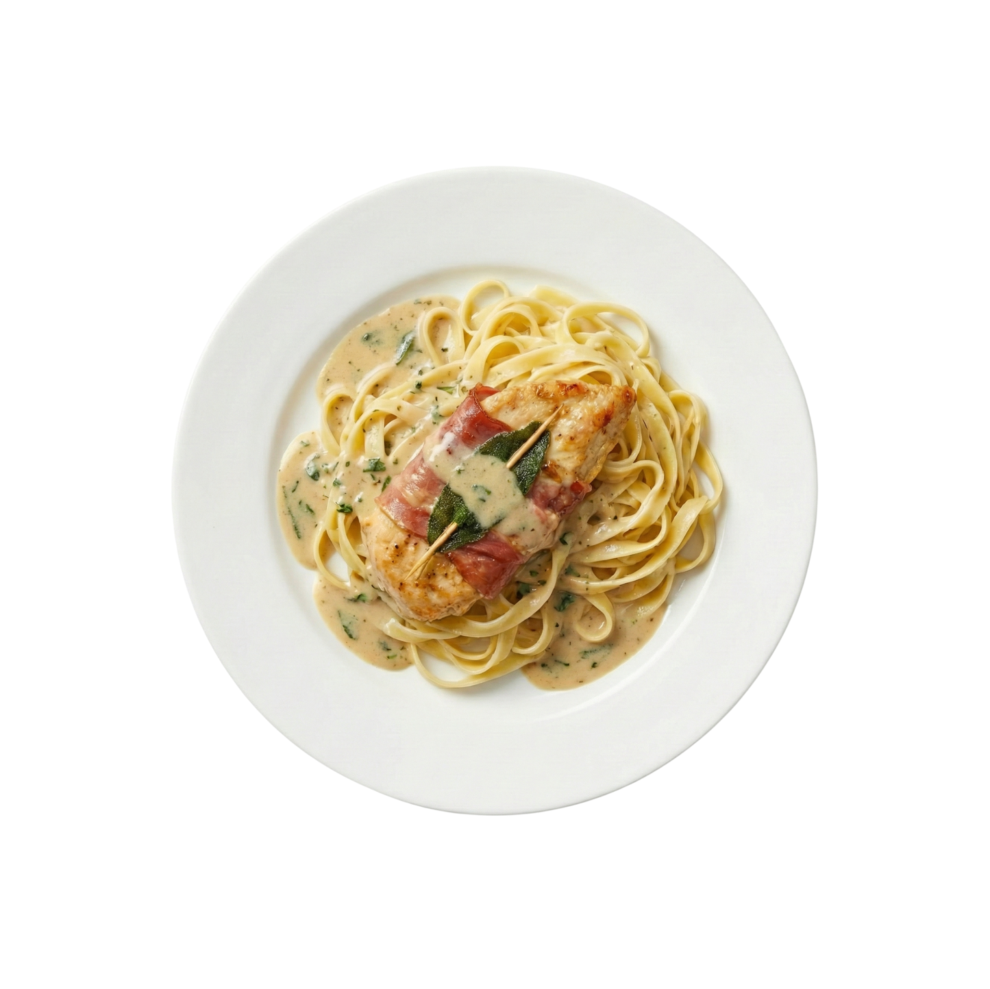 Saltimbocca vom Hähnchen in Salbei-Rahmsauce und Bandnudeln