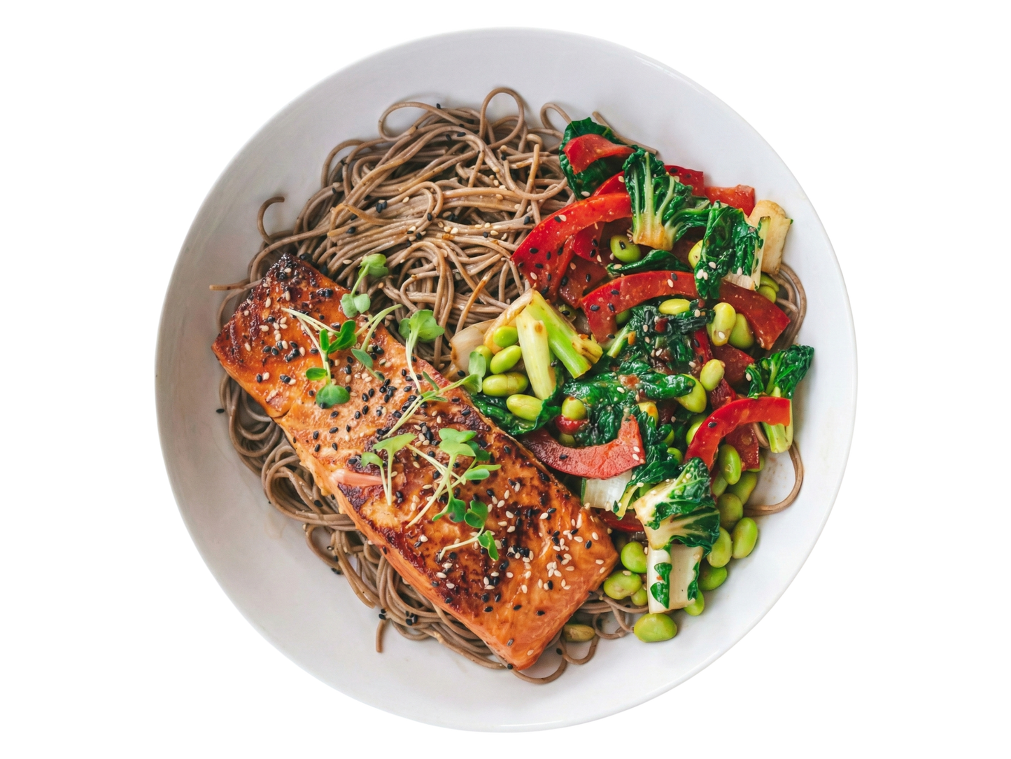 Teriyaki salmon with soba and edamame vegetables