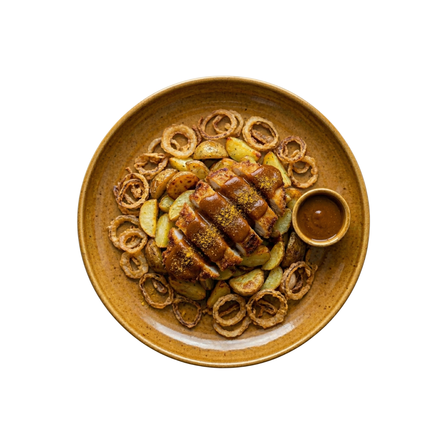 Currywurst mit Röstkartoffeln und Röstzwiebeln