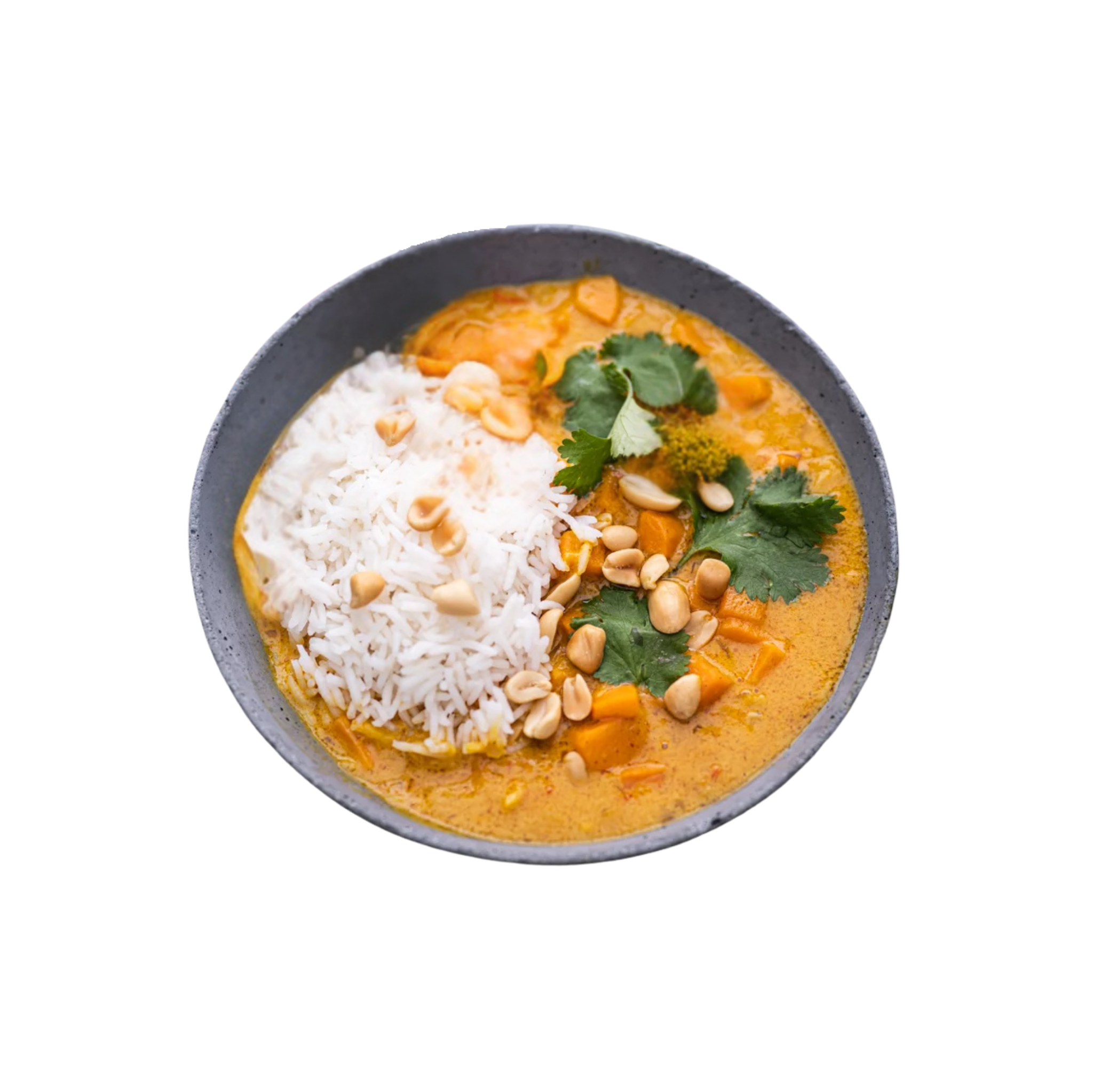 Peanut curry with baked sweet potatoes, sprouts, spring onions and rice