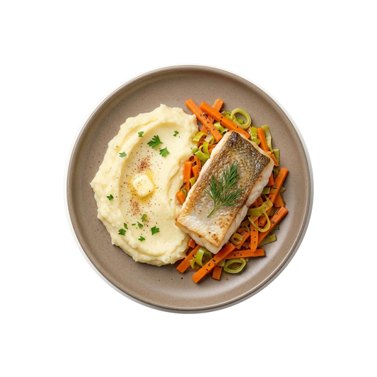 Fischfilet auf Karotten-Lauch-Gemüse mit Kartoffelpüree