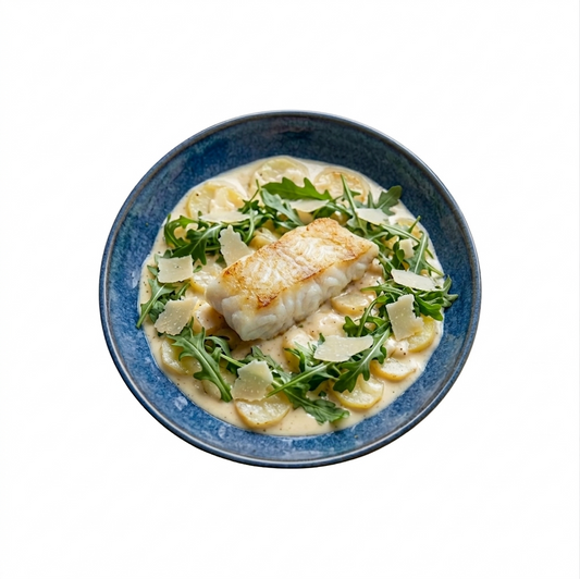 Fischfilet auf Sahnekartoffeln mit Rukola und Parmesan