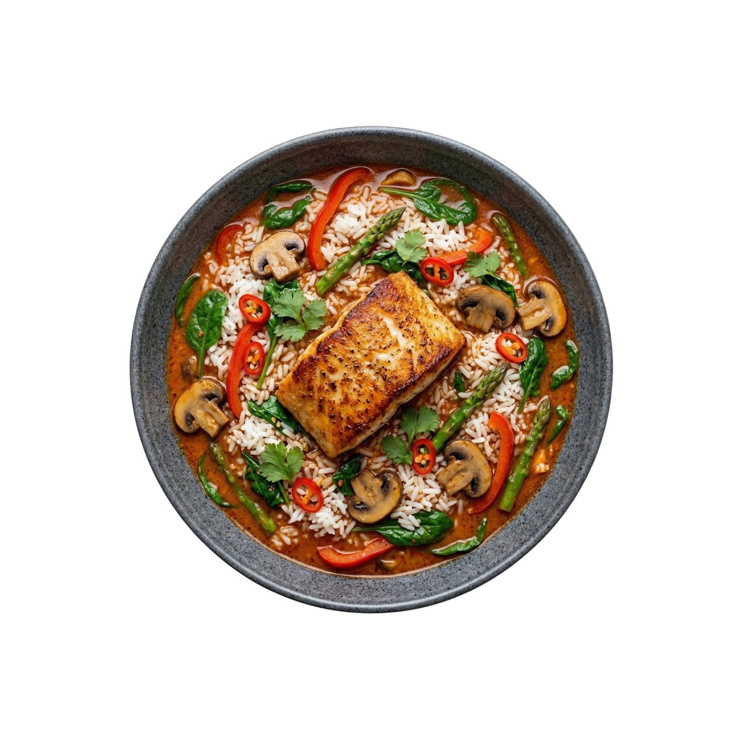 Fischfilet in rotem Curry, Gemüse und Duftreis