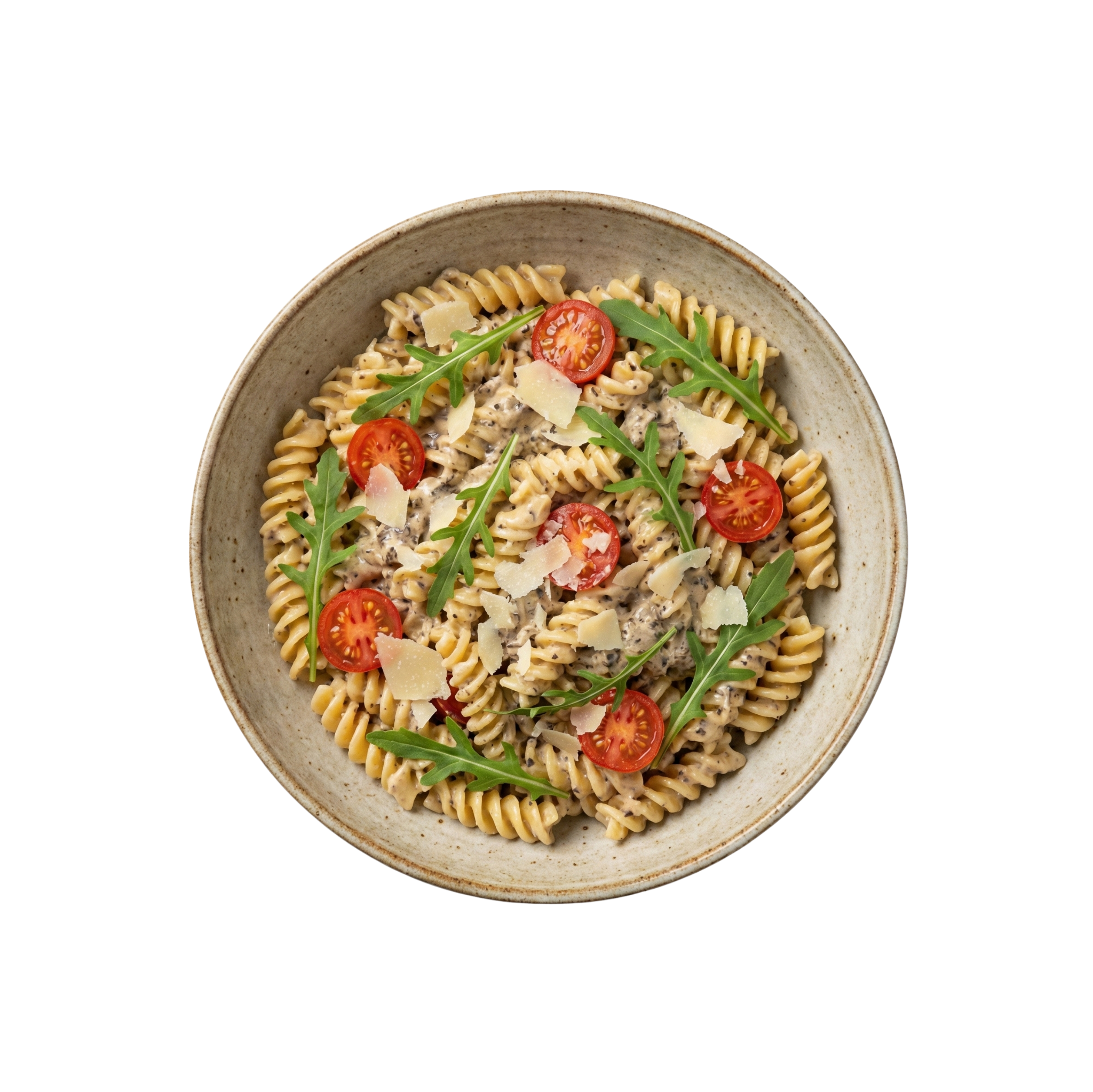 Fusilli in truffle cream with cherry tomatoes and Parmesan