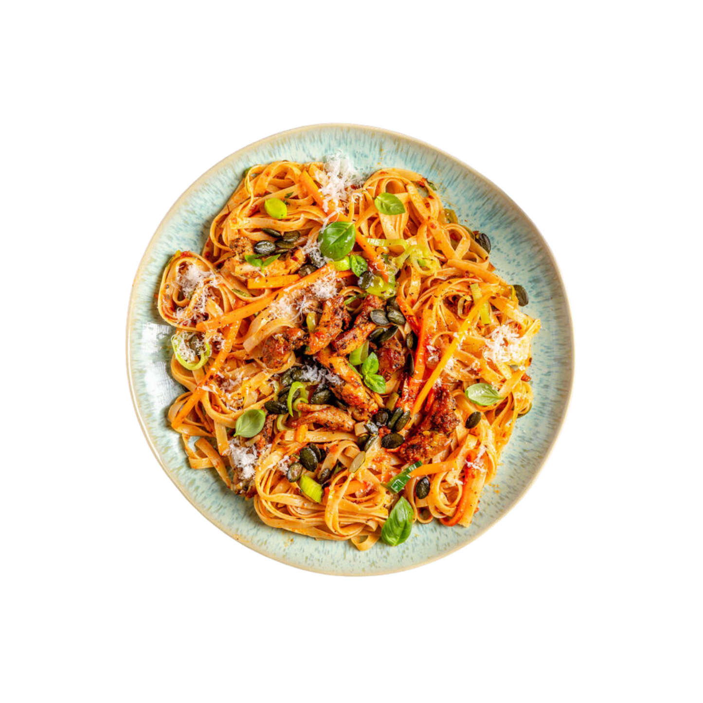 Garnelen mit Spagnetti in Paprika-Pesto-Sauce und Parmesan