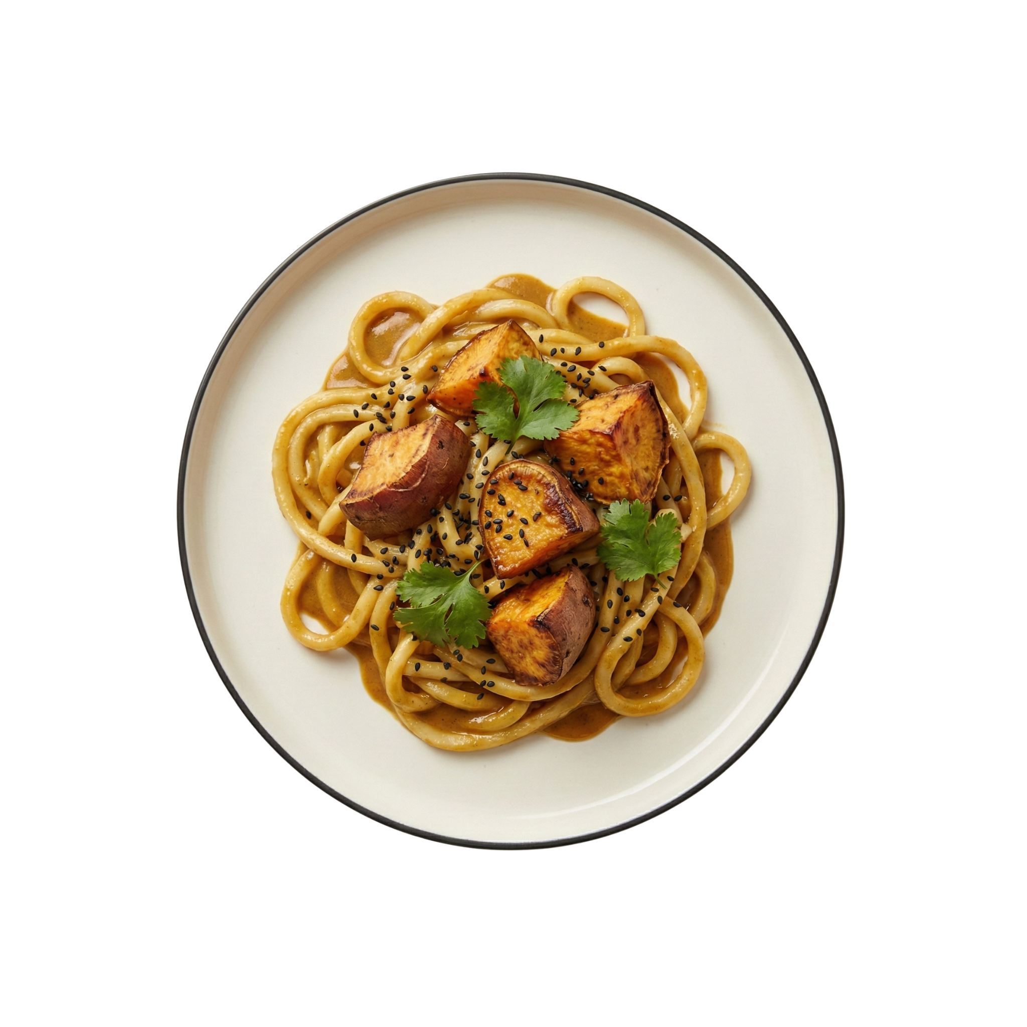 Baked Sweet Potatoes on Udon Noodles in Peanut Curry Sauce