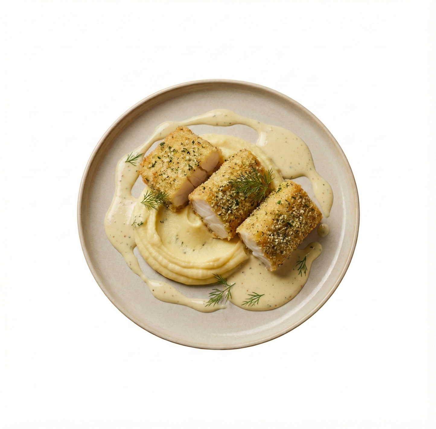 Backfisch auf Kartoffelpüree mit Senf-Dill-Sauce