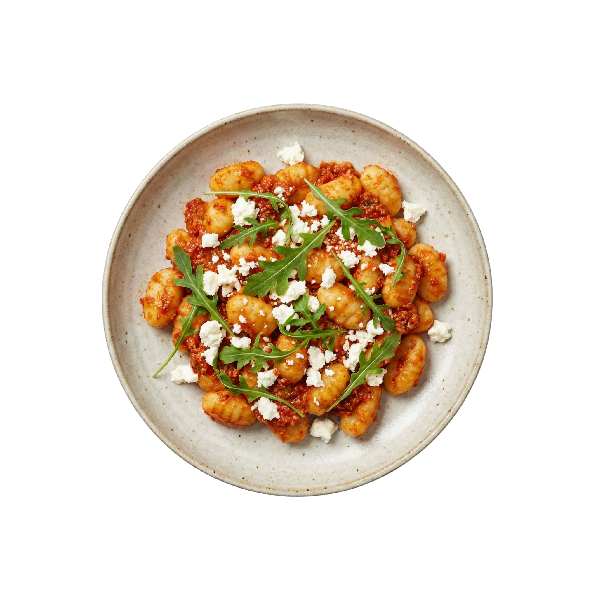 Gnocchi in tomato pesto with feta and arugula