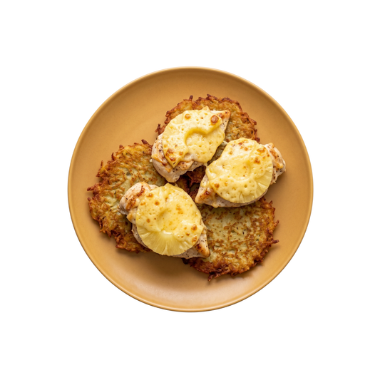 Hähnchenbrust Hawaii mit Ananas und Käse überbacken mit Reibekuchen