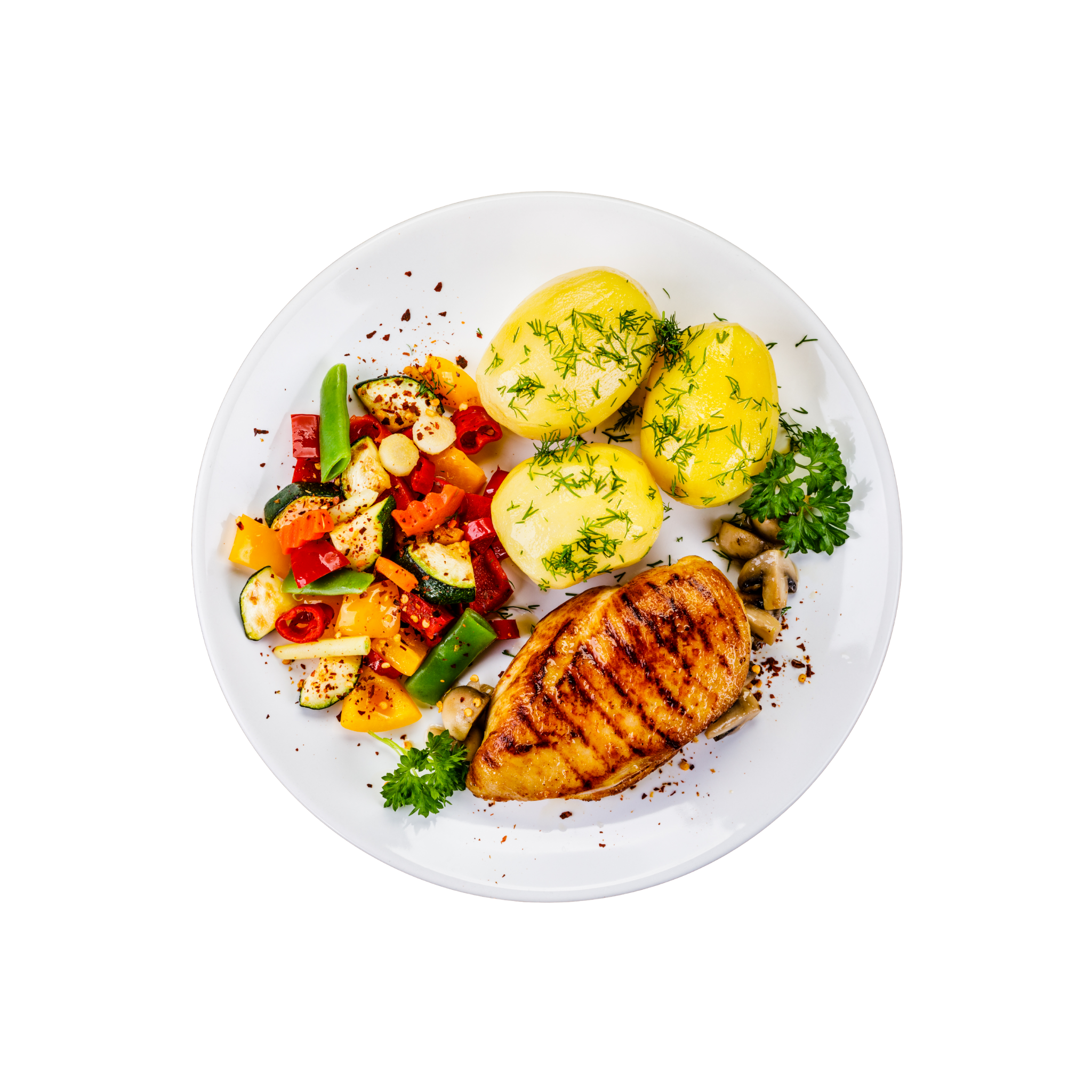 Chicken breast with roasted potatoes and grilled vegetables