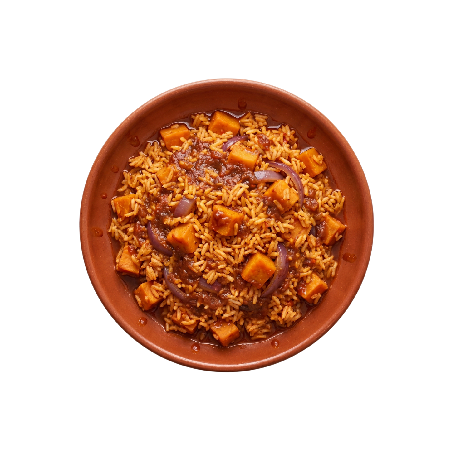 Jollof Reis mit Süßkartoffeln und roten Zwiebeln