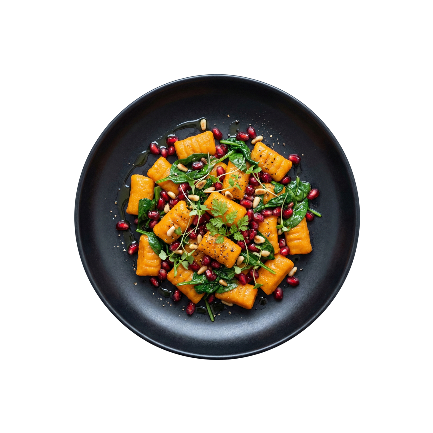 Karotten-Gnocchi mit Granatapfel und Spinat