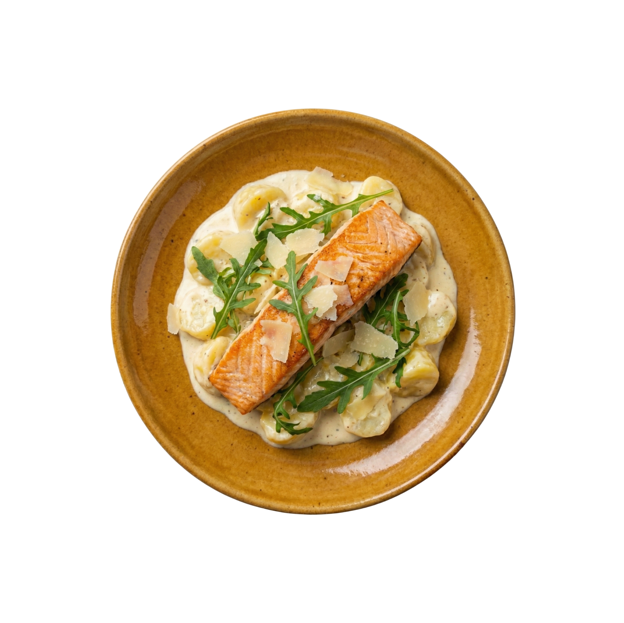 Lachsfilet auf Sahnekartoffeln mit Rukola und Parmesan