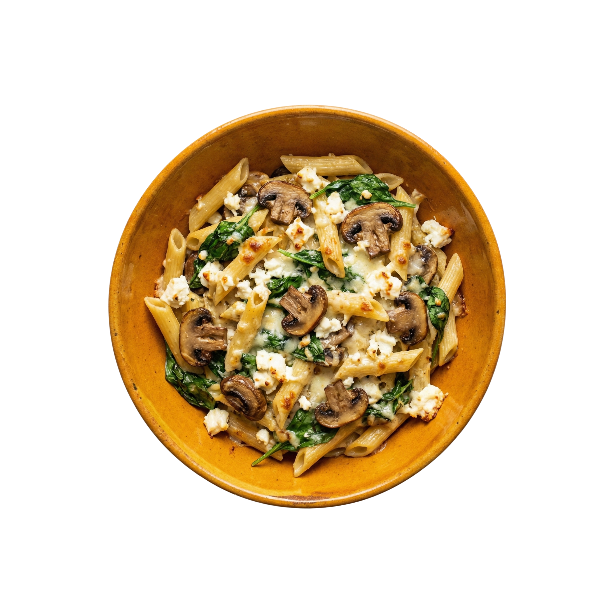 Nudelauflauf mit Spinat, Pilzen und Feta