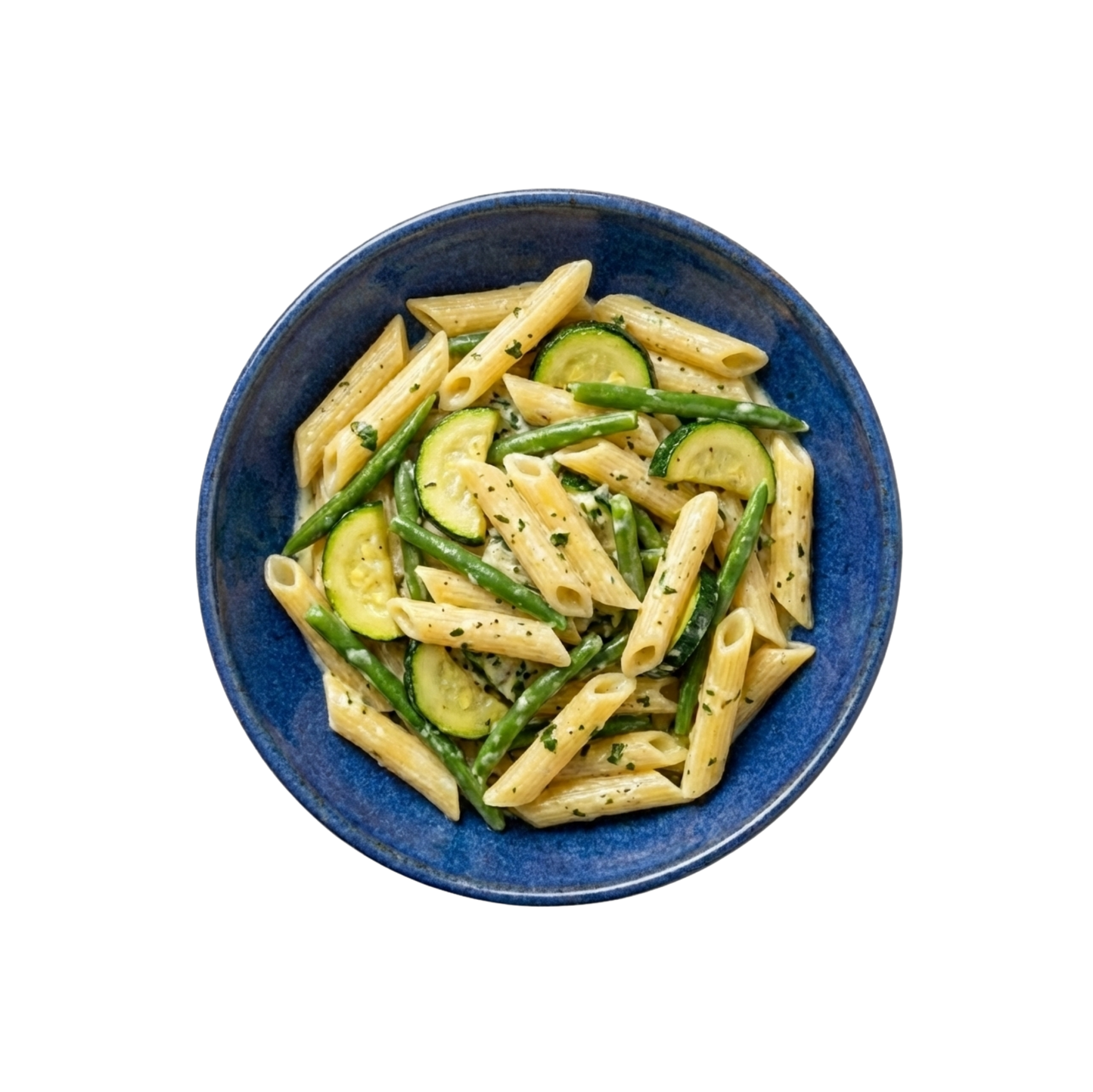 Penne in herb and cheese sauce with zucchini and green beans