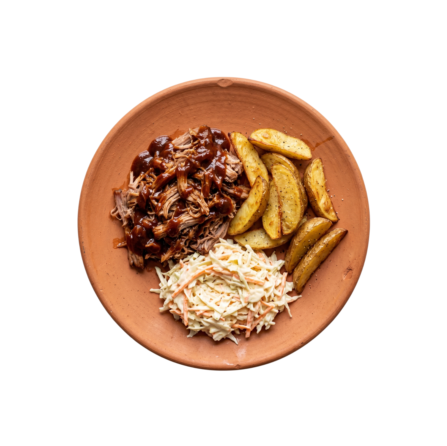 Pulled Pork in Hickory-Barbecue-Sauce mit Potato Wedges und Cole Slaw