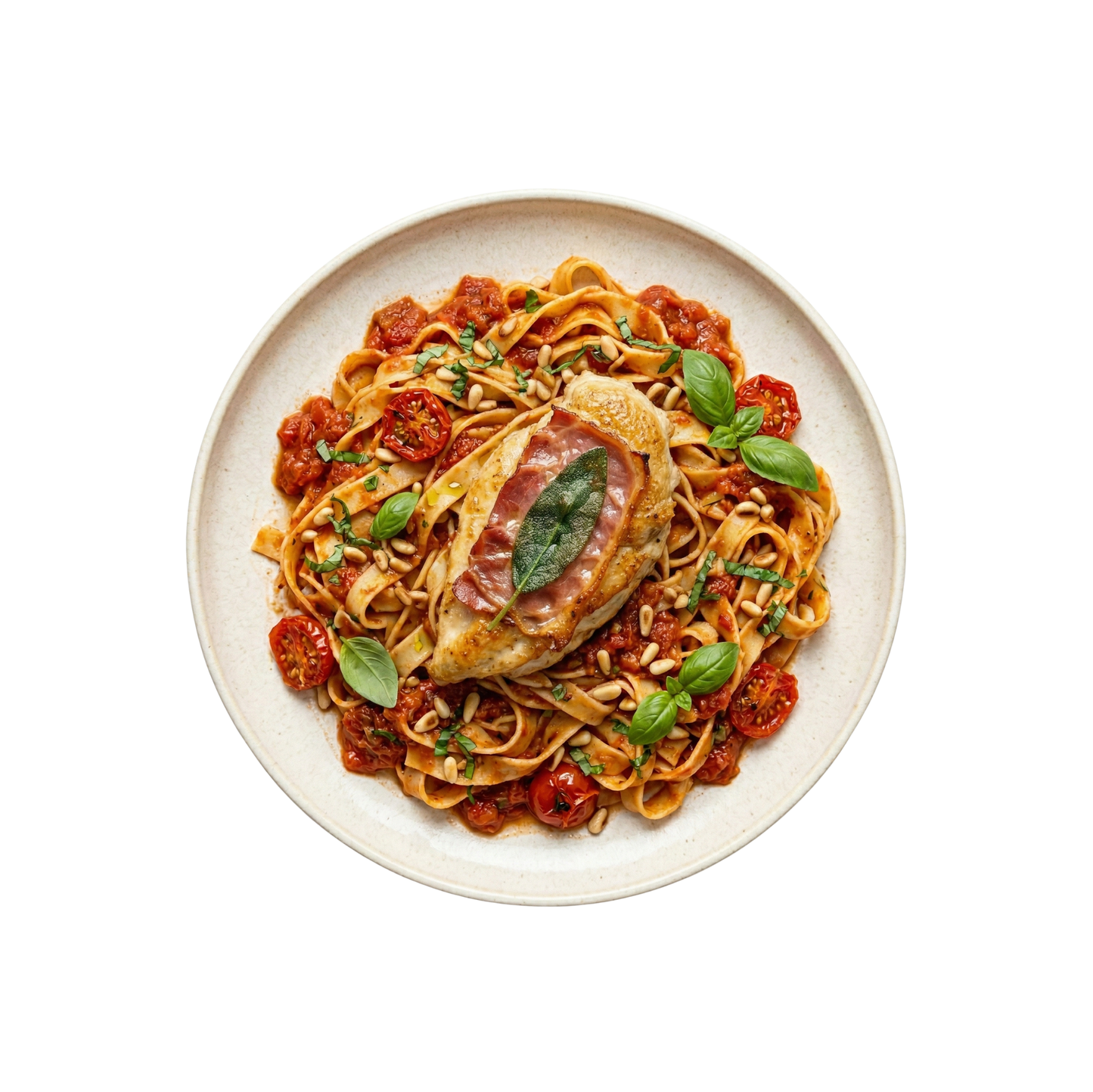 Saltim Bocca vom Hähnchen auf Tomatentagliatelle