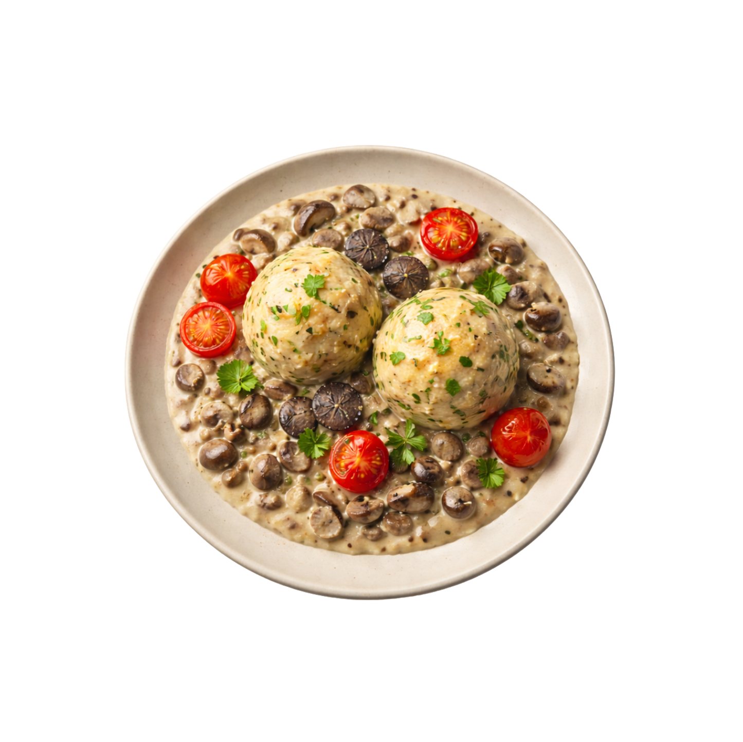 Semmelknödel in Trüffel-Pilz-Sauce mit Kirschtomaten