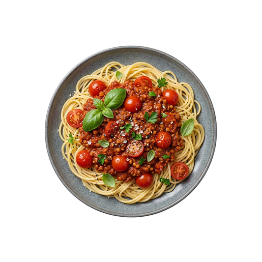 Spaghetti mit veganer Bolognese mit Kirschtomaten