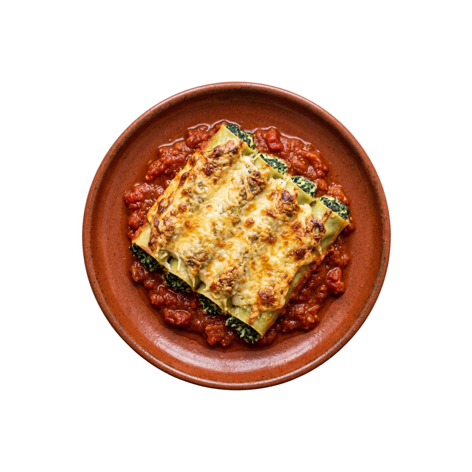 Spinat-Cannelloni in Tomatensauce mit Parmesan überbacken