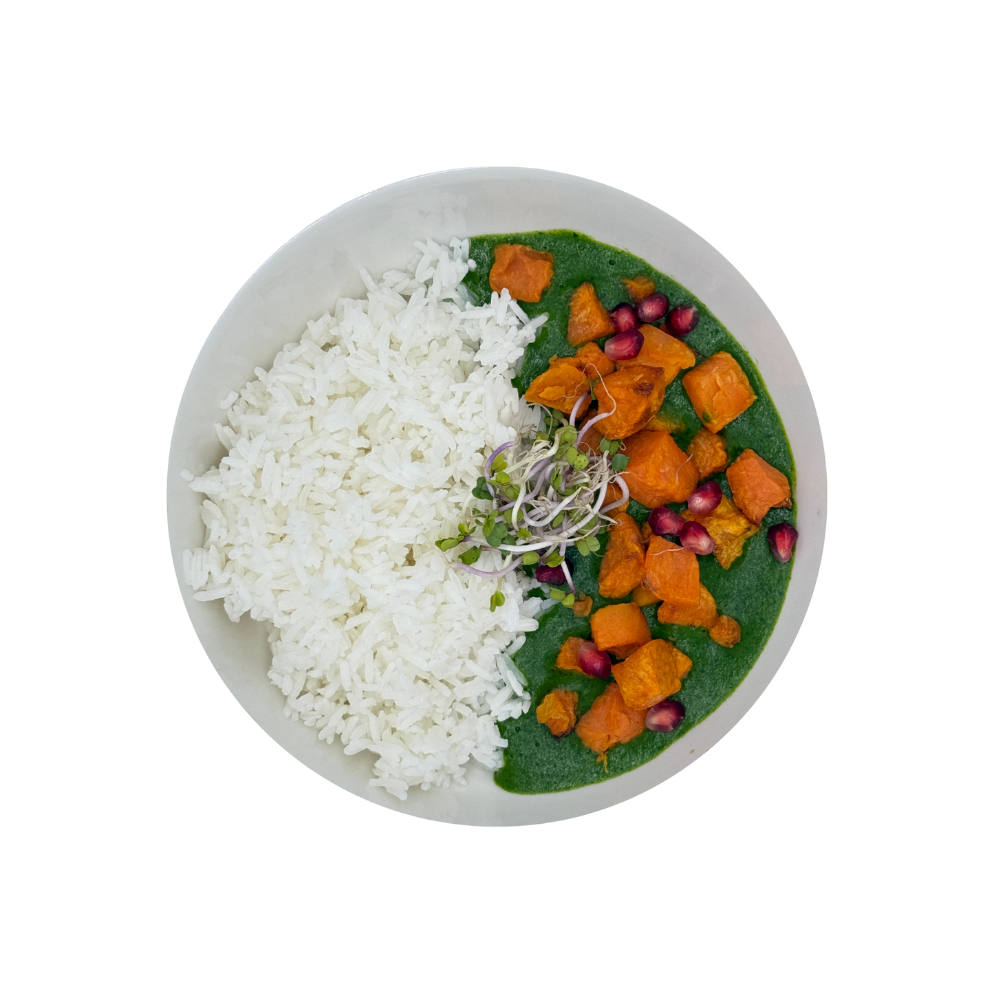 Spinach curry with baked pumpkin
