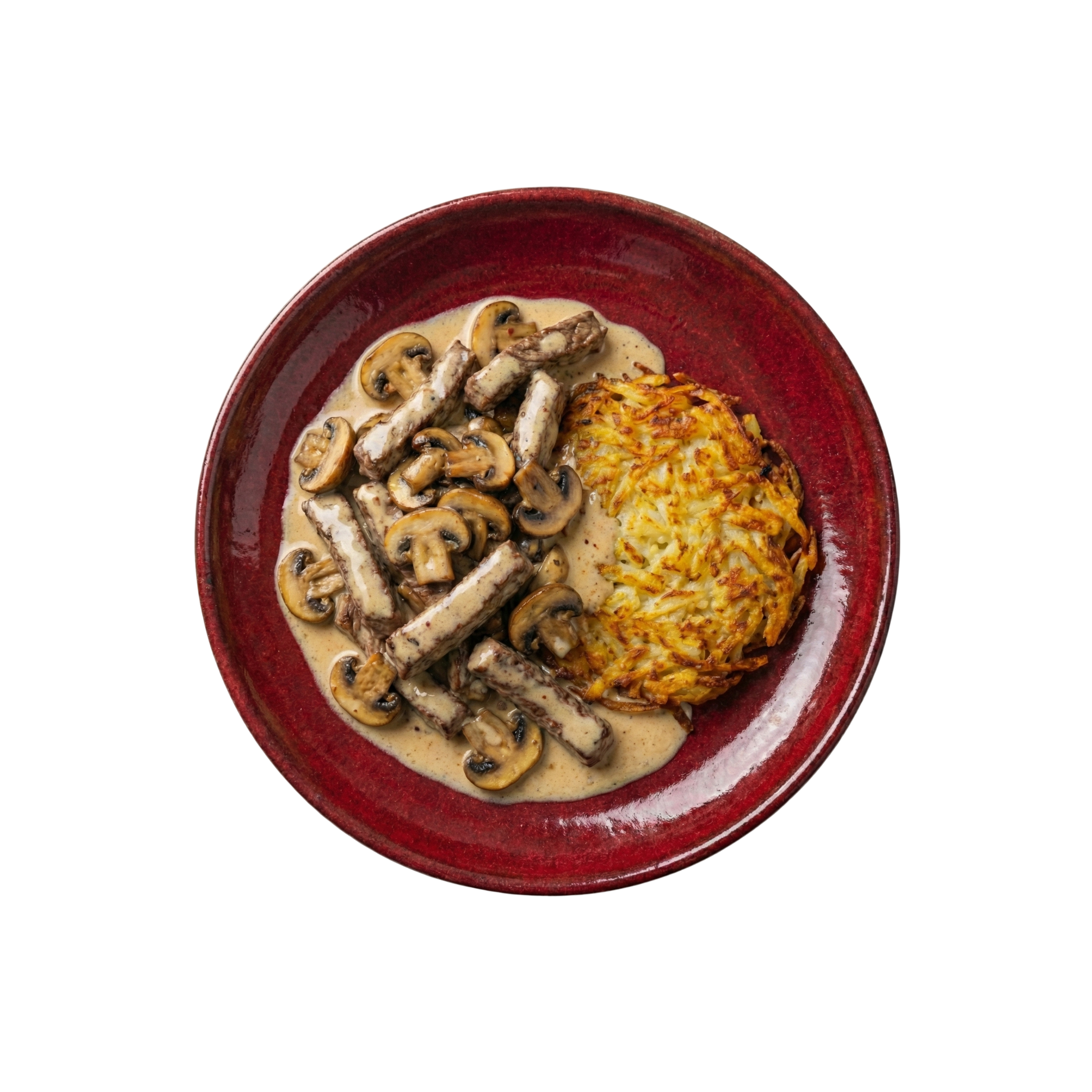 Streifen von der Rinderhüfte mit Pilzen und Kartoffelrösti