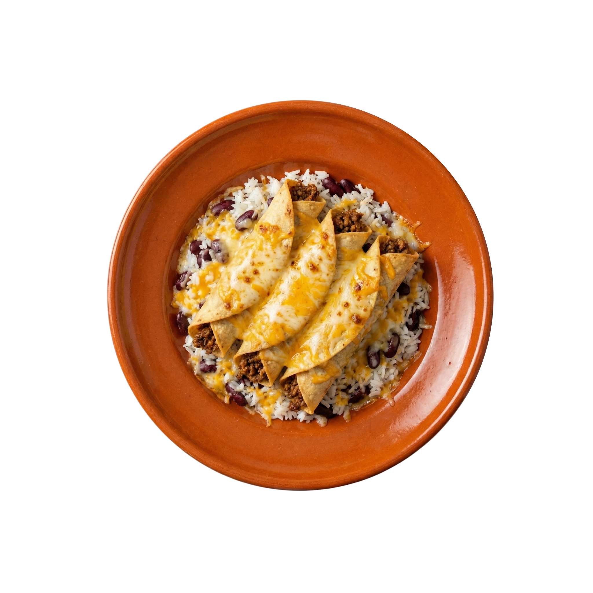 Taquitos mit Rinderhack, Bohnen und Reis