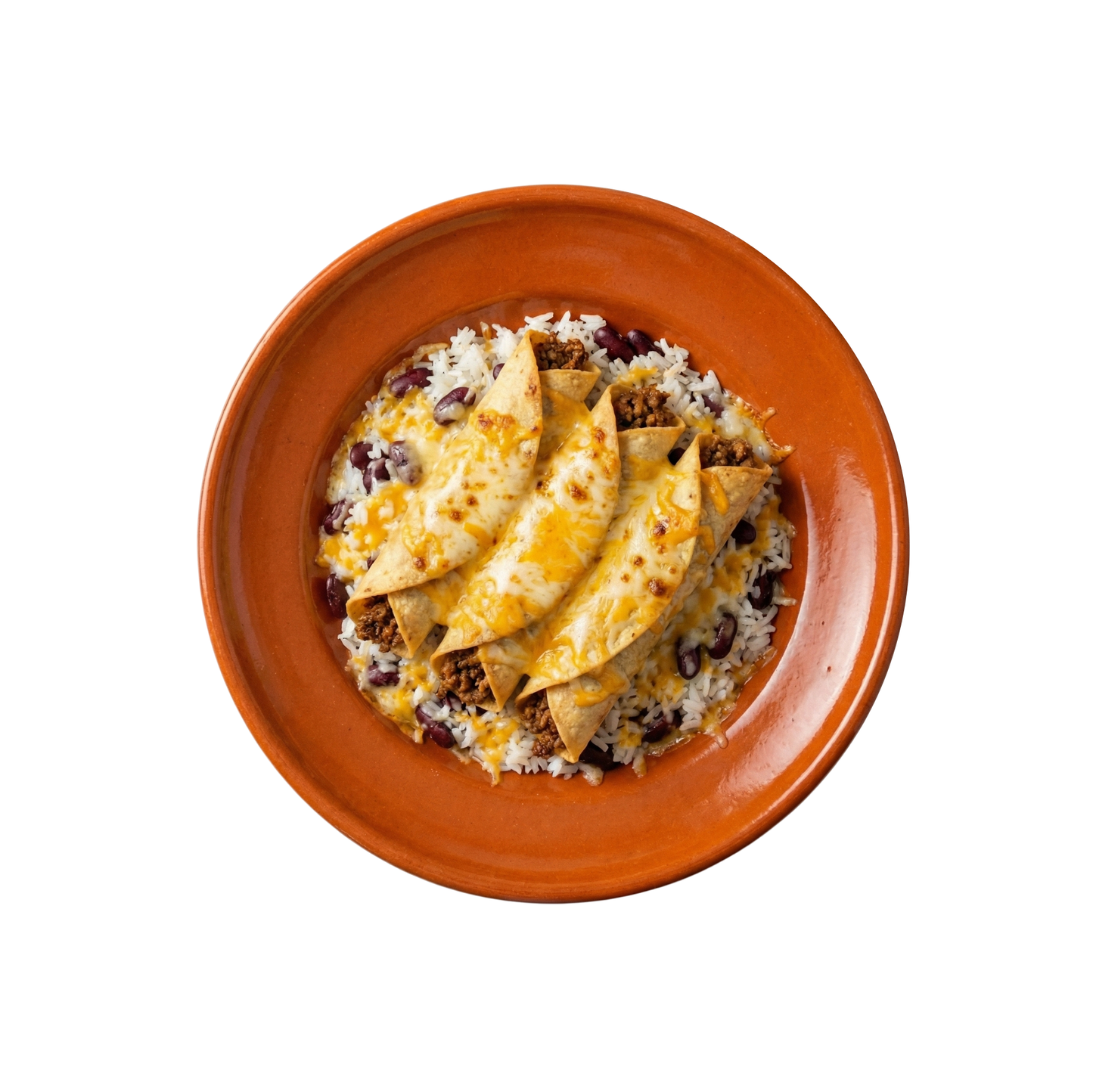 Taquitos mit Rinderhack, Bohnen und Reis